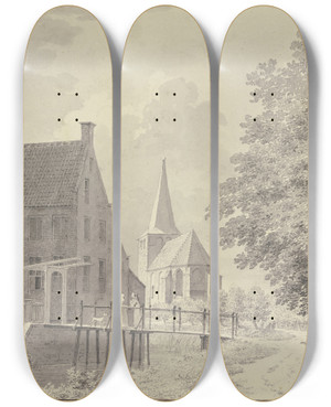 Triptych art skateboard deck of Cornelis Pronk Haus Mit Wassergraben Und Steg Hinten Die Kirche Rechts Ein Baum Unter Welchem Ein Wagen Und Mehrere Figuren Stehen by Cornelis Pronk (1691-1759)