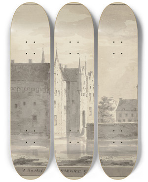 Triptych art skateboard deck of Abraham De Haen The Younger Kasteel Te Gemert by Abraham de Haen the Younger (1707-1748)