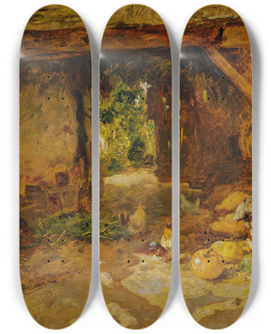 Triptych art skateboard deck of Anton Schrdl Hofinterieur Aus Dem Marchfeld by Anton Schrodl (1820-1906)