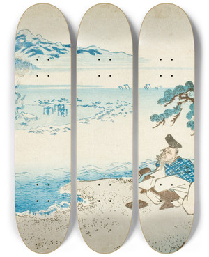 Triptych art skateboard deck of Utagawa Kunisada Toyokuni Iii The Poet Hitomaro On The Shore At Akashi Bay by Utagawa Kunisada (Toyokuni III) (1786-1865)