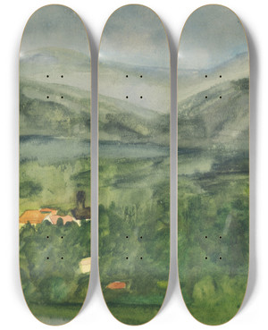 Triptych art skateboard deck of Arnold Peter Weiszkubnan Landscape With Houses by Arnold Peter Weisz-Kubnan (1898-1944)