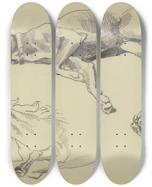 Triptych art skateboard deck of Wilhelm Trbner Studienblatt Die Dogge Csar Auf Der Seite Liegend Nach Links Schlafend Darunter Zwei Pferdestudien In Starker Untersicht by Wilhelm Trubner (1851-1917)