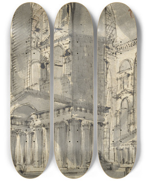Triptych art skateboard deck of Giovanni Battista Piranesi Fantasy Of An Ancient Bath by Giovanni Battista Piranesi (1720-1778)