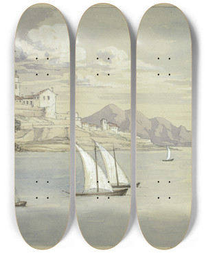 Triptych art skateboard deck of Elizabeth Murray Portofino From The Sea Genoa by Elizabeth Murray (1815-1882)