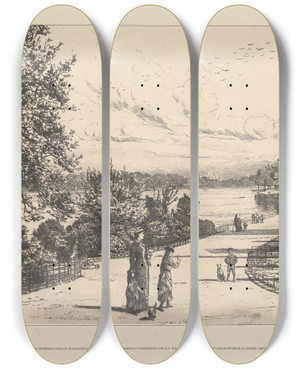 Triptych art skateboard deck of Tristram James Ellis Hyde Park The Serpentine by Tristram James Ellis (1844-1922)