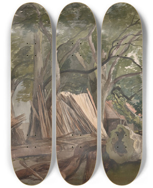 Triptych art skateboard deck of John Middleton Clearing With A Lumber Mill by John Middleton (1827-1856)