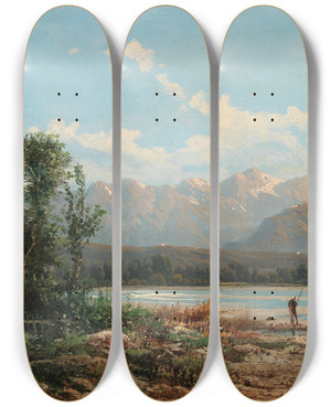 Triptych art skateboard deck of Alfred Godchaux A Mountainous Lake Landscape With Fisherman by Alfred Godchaux (1835-1895)