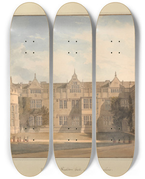 Triptych art skateboard deck of John Buckler The Court At Rushton Hall Northamptonshire by John Buckler (1770-1851)