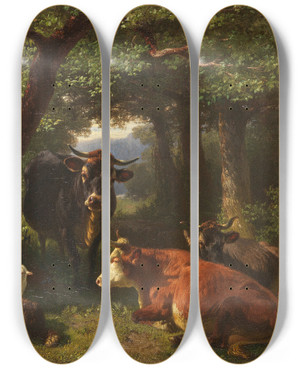 Triptych art skateboard deck of Friedrich Voltz Hirtenkinder Im Wald Mit Khen Und Schafen by Friedrich Voltz (1817-1886)