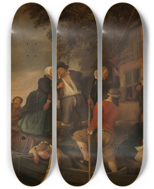 Triptych art skateboard deck of Jan Steen The Merry Homecoming_2 by Jan Steen (1626-1679)