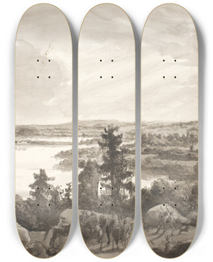 Triptych art skateboard deck of Johan Christian Dahl View Of A Lake Norway by Johan Christian Dahl (1788-1857)