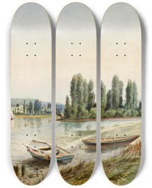 Triptych art skateboard deck of Walter Paris Landscape by Walter Paris (1842-1906)