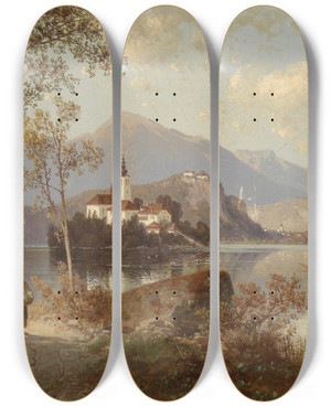 Triptych art skateboard deck of Carl Hasch Blick Auf Den Bleder See by Carl Hasch (1834-1897)