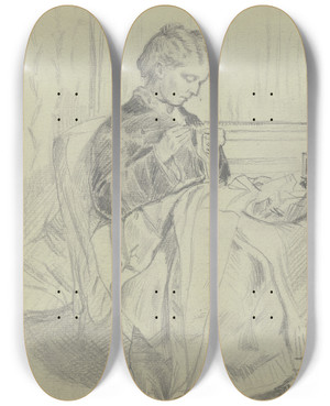 Triptych art skateboard deck of Otto Scholderer Luise Scholderer Am Nhtisch Mit Einer Handarbeit_2 by Otto Scholderer (1834-1902)