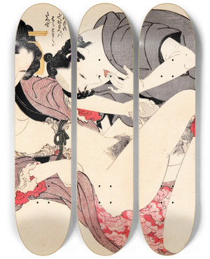 Triptych art skateboard deck of Yanagawa Shigenobu Two Lovers by Yanagawa Shigenobu (1787-1832)
