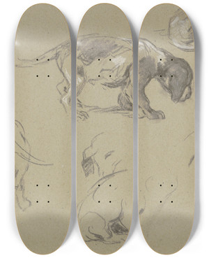 Triptych art skateboard deck of Anton Burger Studienblatt Sieben Junge Dackel by Anton Burger (1824-1905)