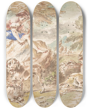 Triptych art skateboard deck of Giovanni Francesco Castiglione Young Hunter With His Dogs In A Landscape_1 by Giovanni Francesco Castiglione (1641-1710)