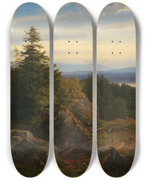 Triptych art skateboard deck of Eduard Schleich The Elder Chiemseelandschaft Mit Aussicht Auf Die Bayrischen Alpen by Eduard Schleich The Elder (1812-1874)