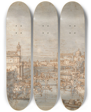 Triptych art skateboard deck of Canaletto Padua The River Bacchiglione And The Porta Portello by Canaletto (1697-1768)
