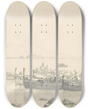 Triptych art skateboard deck of Christen Kbke The Bay Of Naples With Vesuvius In The Background by Christen Kobke (1810-1848)