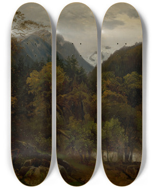 Triptych art skateboard deck of Alexander Brodszky Mountain Landscape With Wooden Huts by Alexander Brodszky (1819-1901)