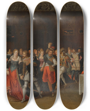 Triptych art skateboard deck of Hieronymus Francken Ii An Interior Scene With Elegant Figures At A Wedding by Hieronymus Francken Ii (1578-1623)