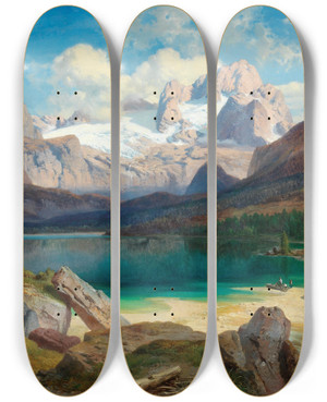 Triptych art skateboard deck of Albert Zimmermann Lake Gosau With A View Of The Dachstein Massif by Albert Zimmermann (1808-1888)