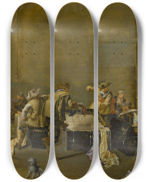 Triptych art skateboard deck of Jacob Duck Guardhouse by Jacob Duck (1600-1667)