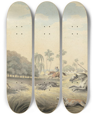 Triptych art skateboard deck of Samuel Howitt Hunting A Hogdeer by Samuel Howitt (1756-1822)