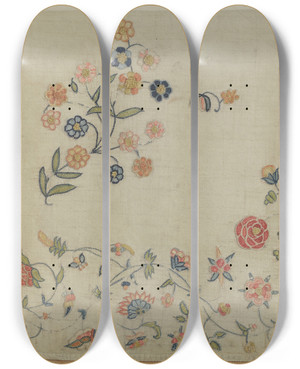 Triptych art skateboard deck of Phyllis Dorr Embroidered Christening Blanket by Phyllis Dorr