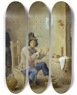 Triptych art skateboard deck of David Teniers The Younger Smoker At An Inn by David Teniers The Younger (1610-1690)
