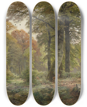 Triptych art skateboard deck of Heinrich Bhmer Waldlichtung Mit Rehwild by Heinrich Bohmer (1852-1930)