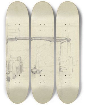 Triptych art skateboard deck of Otto Scholderer Fluss Mit Brcke Und Segelboot by Otto Scholderer (1834-1902)