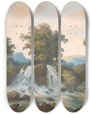 Triptych art skateboard deck of Charles William Meredith Van De Velde Gezicht Op De Rivier Van Kema Waterhaalplaats by Charles William Meredith van de Velde (1818-1898)