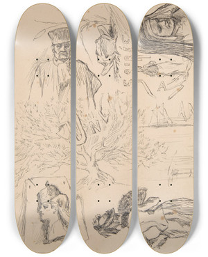 Triptych art skateboard deck of Flicien Rops Une Soire Anseremme by Felicien Rops (1833-1898)