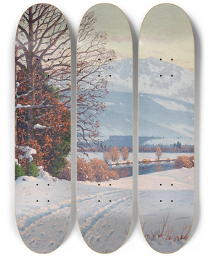 Triptych art skateboard deck of Fritz Mllerlandeck A Sunny Winter Day by Fritz Mller-Landeck (1865-1942)