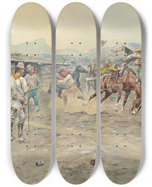 Triptych art skateboard deck of Charles Marion Russell The Tenderfoot by Charles Marion Russell (1864-1926)