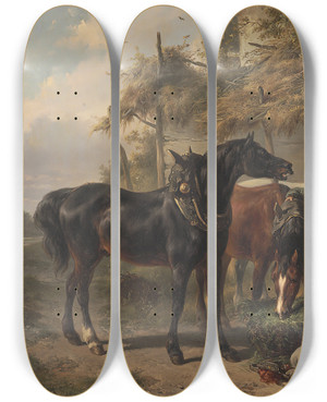 Triptych art skateboard deck of Wouterus Verschuur Horses Outside A Stable by Wouterus Verschuur (1812-1874)