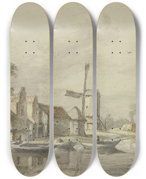Triptych art skateboard deck of Jan Hulswit Dorf Mit Einer Windmhle Am Wasser by Jan Hulswit (1766-1822)