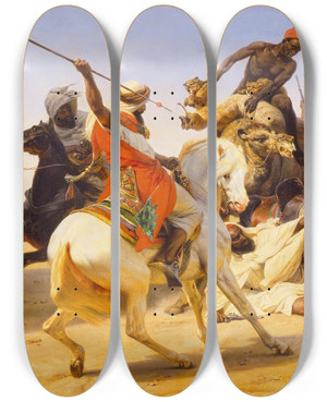 Triptych art skateboard deck of Horace Vernet The Lion Hunt by Horace Vernet (1789-1863)