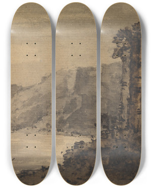 Triptych art skateboard deck of William Gilpin Classical Landscape With Two Figures On Lake Shore by William Gilpin (1724-1804)