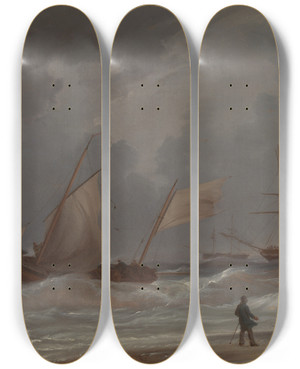 Triptych art skateboard deck of William Joy A Lugger Driving Ashore In A Gale by William Joy (1803-1867)