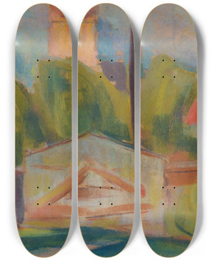 Triptych art skateboard deck of Zolo Palugyay Village With A Church by Zolo Palugyay (1898-1935)