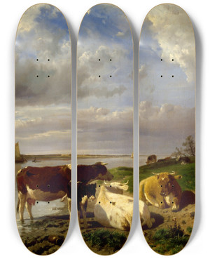 Triptych art skateboard deck of Anton Mauve Landscape With Cattle by Anton Mauve (1838-1888)