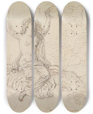 Triptych art skateboard deck of Robert Smirke Study Of A Seminude Woman Sitting With Her Arms Raised Over Her Head by Robert Smirke (1752-1845)
