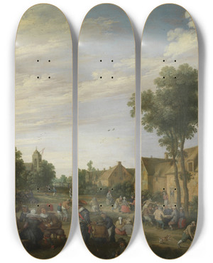 Triptych art skateboard deck of Joost Cornelisz Droochsloot Village Fair by Joost Cornelisz Droochsloot (1586-1666)