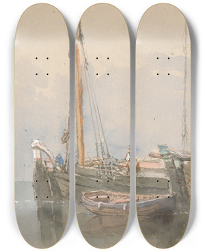 Triptych art skateboard deck of Clarkson Stanfield Three Boats by Clarkson Stanfield (1793-1867)