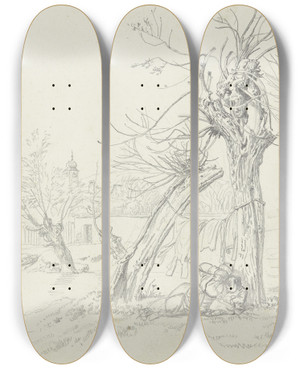 Triptych art skateboard deck of Johann Christoph Erhard Unter Weidenbumen Wird Wsche Getrocknet Darunter Liegt Eine Frau Mit Kinde Hinten Ein Dorf by Johann Christoph Erhard (1795-1822)