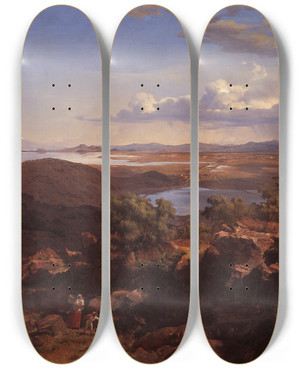 Triptych art skateboard deck of Jos Mara Velasco The Valley Of Mexico From The Santa Isabel Mountain Range by Jose Maria Velasco (1840-1912)