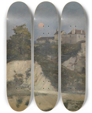 Triptych art skateboard deck of Ren Billotte The Stone Quarry Of Nanterre By Moonlight by Rene Billotte (1846-1915)